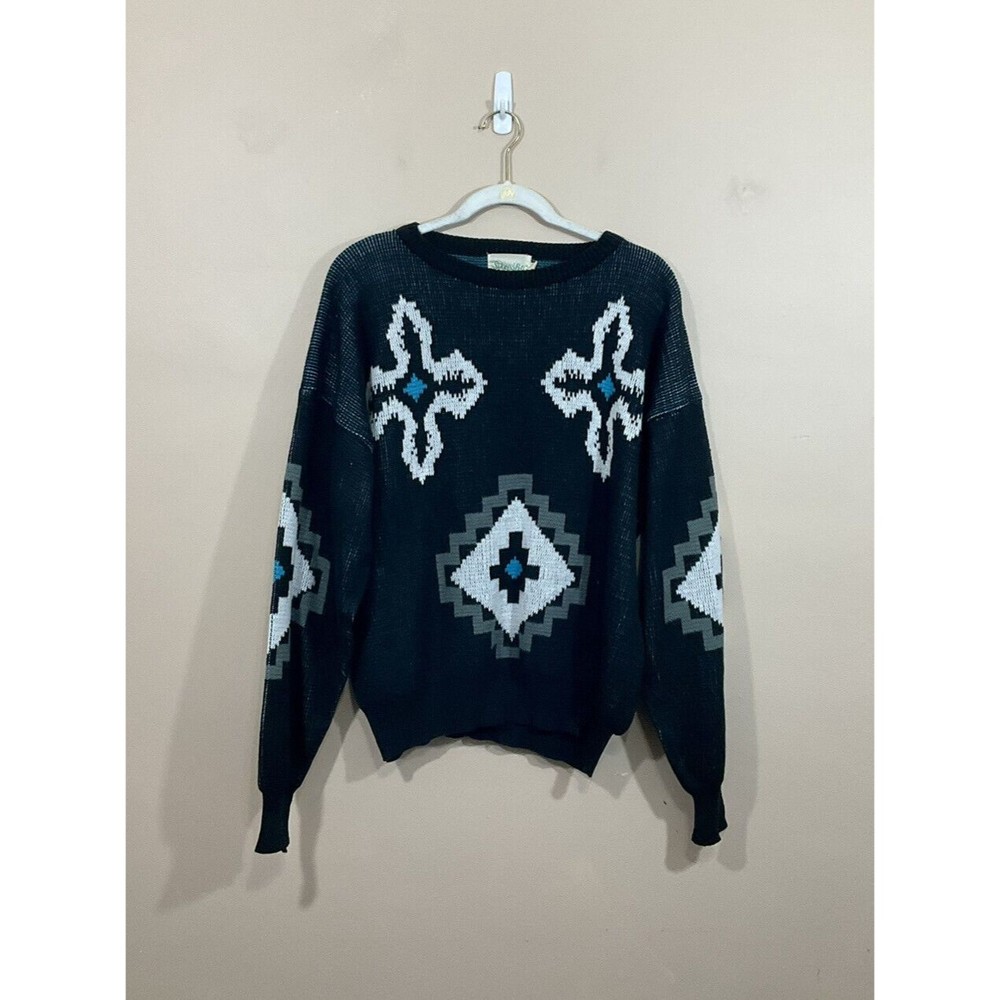 VTG Mens Southwestern Sweater LT. Black Aztec Retro Cosby Grandpa Geometric